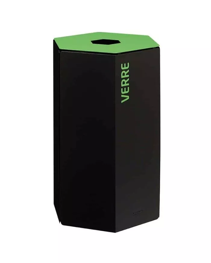 Poubelle de tri - design TERAHEX 50L - VERT VERRE - Corps Gris Manganèse - corbeille recyclage bureau, station de tri moderne,