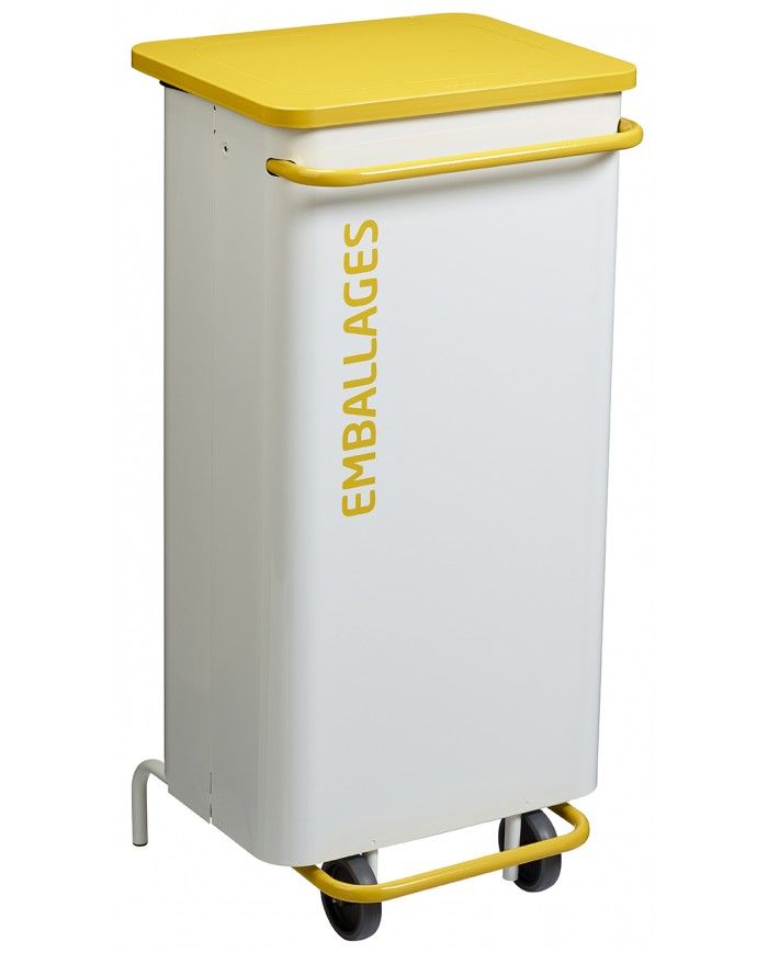Poubelle de tri - TERAMEDA 110L - JAUNE EMBALLAGES - Corps Blanc - corbeille recyclage bureau, conteneur de recyclage, poubelle