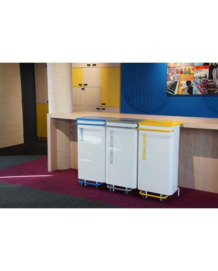 Poubelle de tri - TERAMEDA 110L - BLEU PAPIER - Corps Blanc - station de tri moderne, corbeille recyclage bureau, gestion des